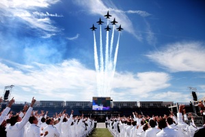 The United States Navy's "Blue Angels" fly over the Naval Academy's 2009 commencement ceremony in Delta Formation in Annapolis, Md., May 22, 2009. (Official White House Photo by Lawrence Jackson) This official White House photograph is being made available for publication by news organizations and/or for personal use printing by the subject(s) of the photograph. The photograph may not be manipulated in any way or used in materials, advertisements, products, or promotions that in any way suggest approval or endorsement of the President, the First Family, or the White House.